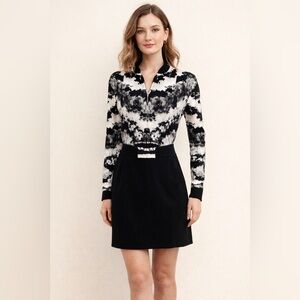 Black Halo‎ Black and White Long Sleeve Dress